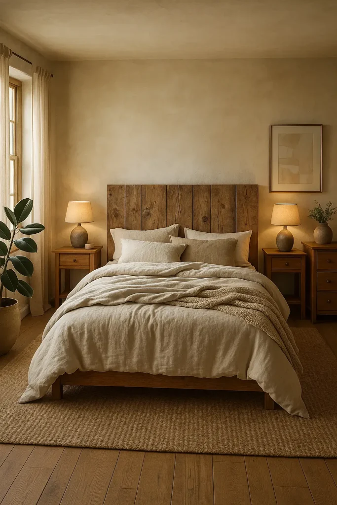 Rustic bedroom with reclaimed wood headboard, linen bedding, jute rug, and warm natural lighting.

