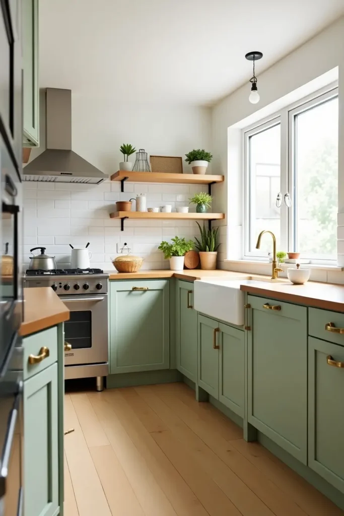 Modern kitchen with sage green painted cabinets, brass handles, and warm wood countertops.