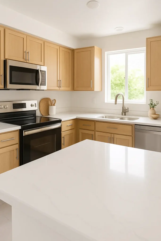 Kitchen with white epoxy countertops, light wood cabinets, and a fresh, airy feel.