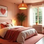 Vibrant romantic bedroom for couples with layered bedding, soft lighting, plants, and a warm atmosphere.