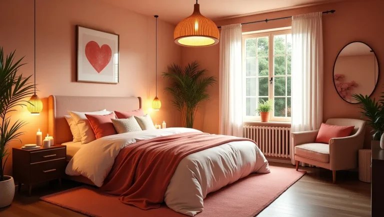 Vibrant romantic bedroom for couples with layered bedding, soft lighting, plants, and a warm atmosphere.
