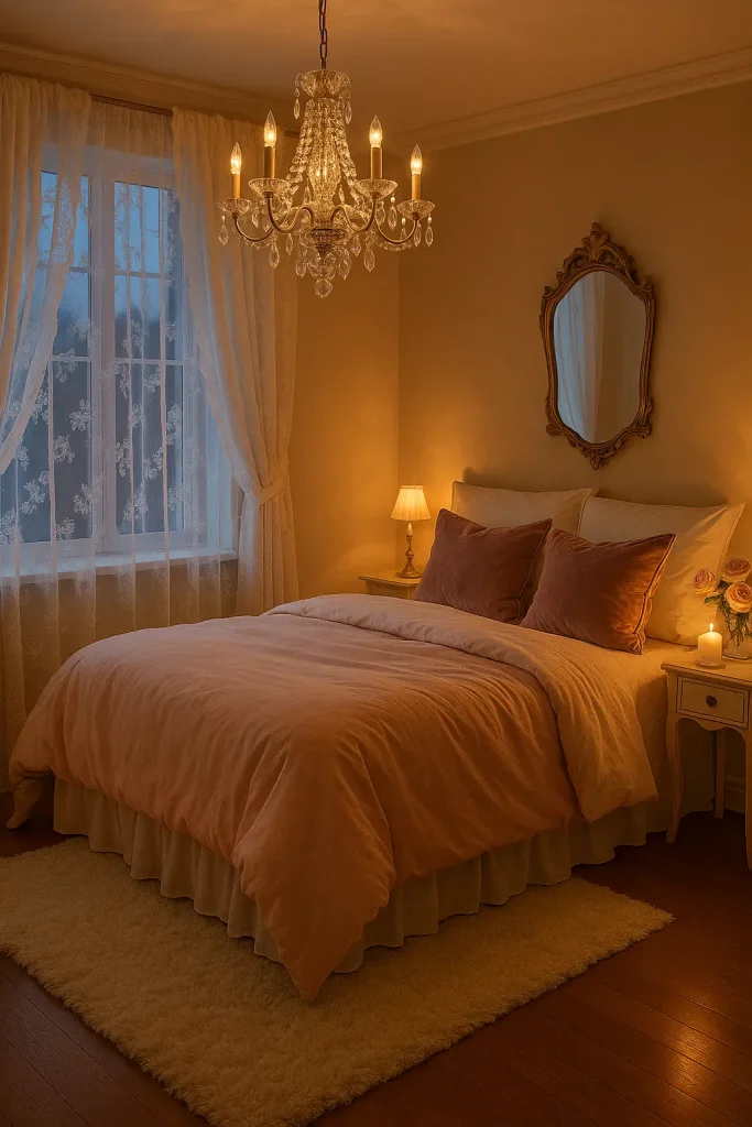 Romantic bedroom with soft pink bedding, lace curtains, chandelier, velvet pillows, and plush rug.