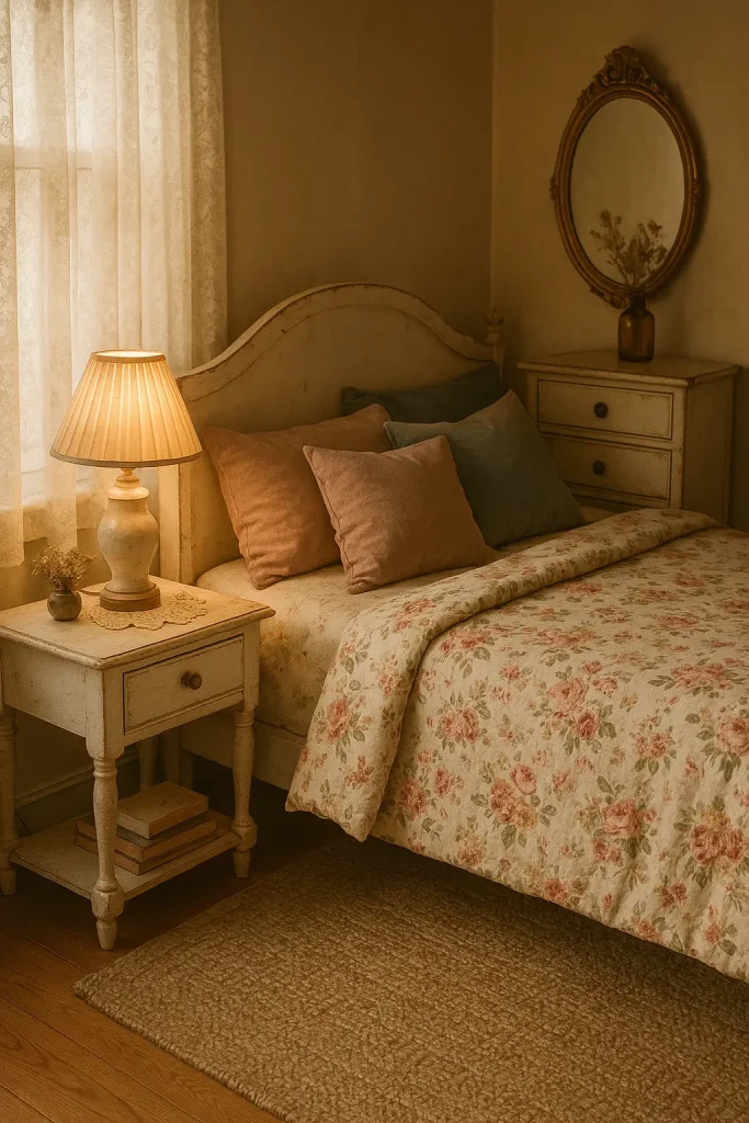 Vintage bedroom with floral bedding, lace curtains, gold mirror, and cozy retro furniture accents.