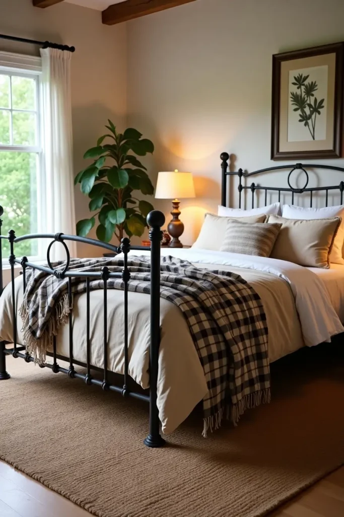 Western bedroom with rustic wrought-iron bed, plaid blanket, neutral bedding, and greenery outside window.