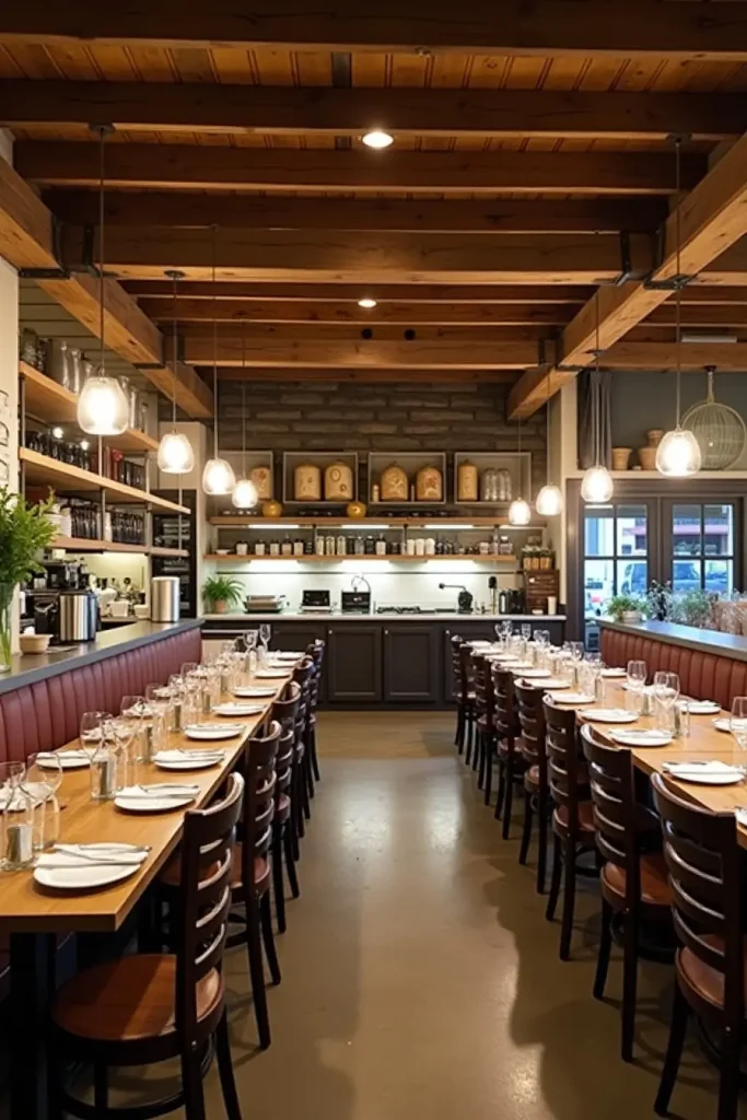 Farmhouse open kitchen with reclaimed wood, butcher blocks, and mason jar accents in warm lighting.