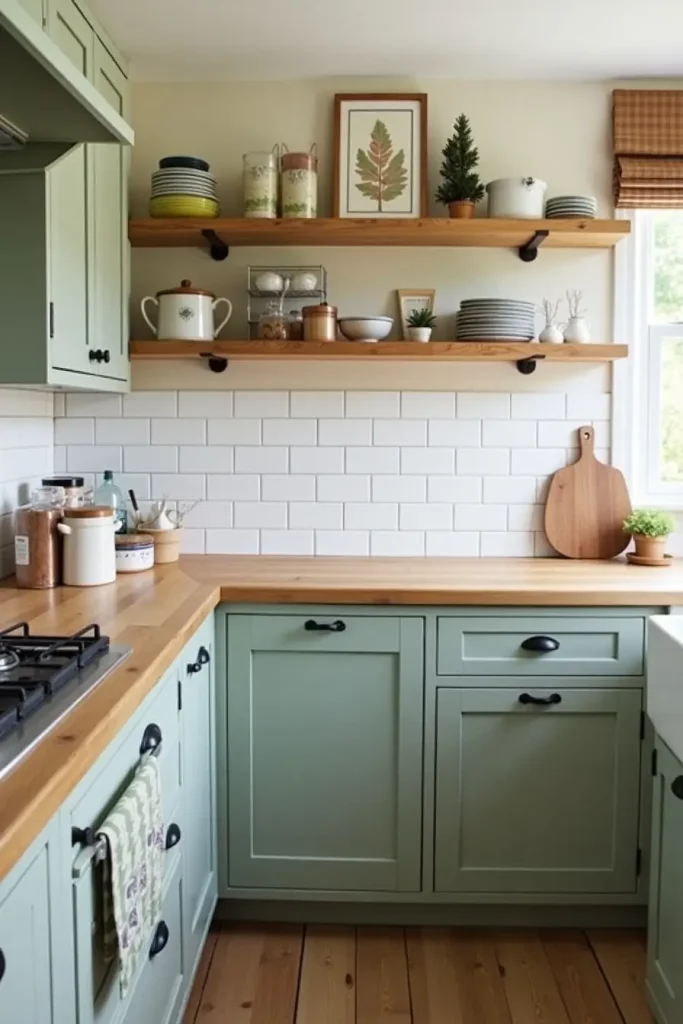 Farmhouse kitchen with matte sage cabinets, butcher block counters, and bright white tile backsplash.