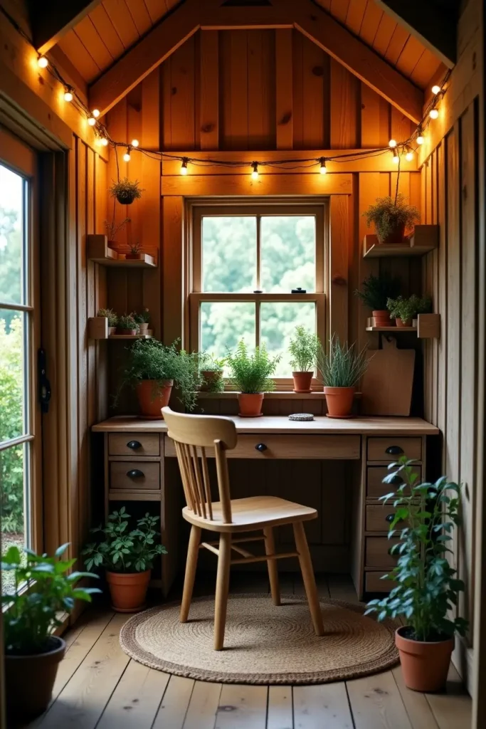 Rustic shed office with wood walls, fairy lights, woven rug, and herbs, glowing at warm dusk.