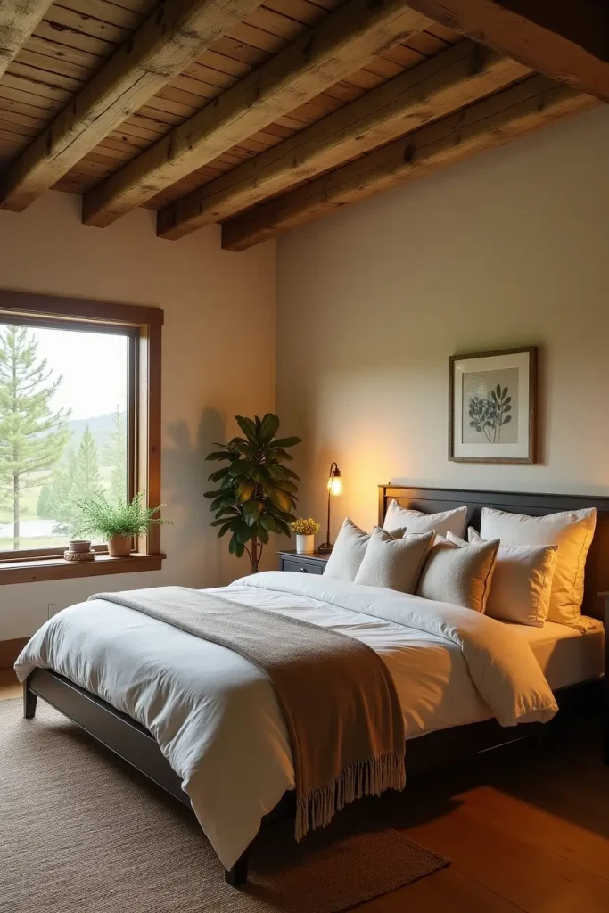 Western bedroom with wood ceiling beams, neutral bedding, jute rug, and greenery outside window.