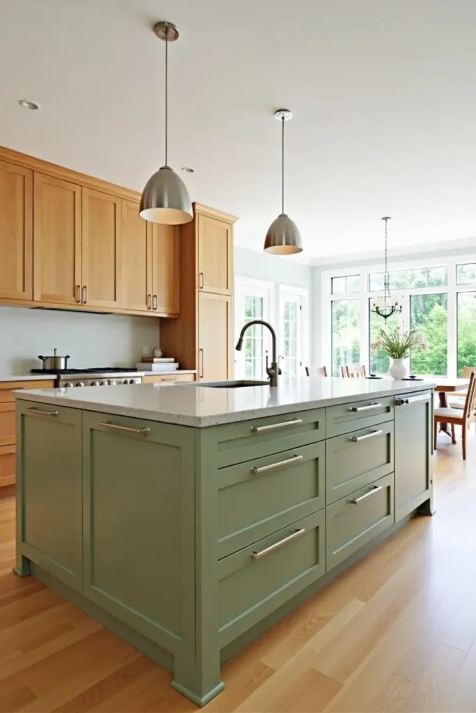 Open-plan kitchen with sage green island, wood cabinets, quartz top, and smart pull-out storage.