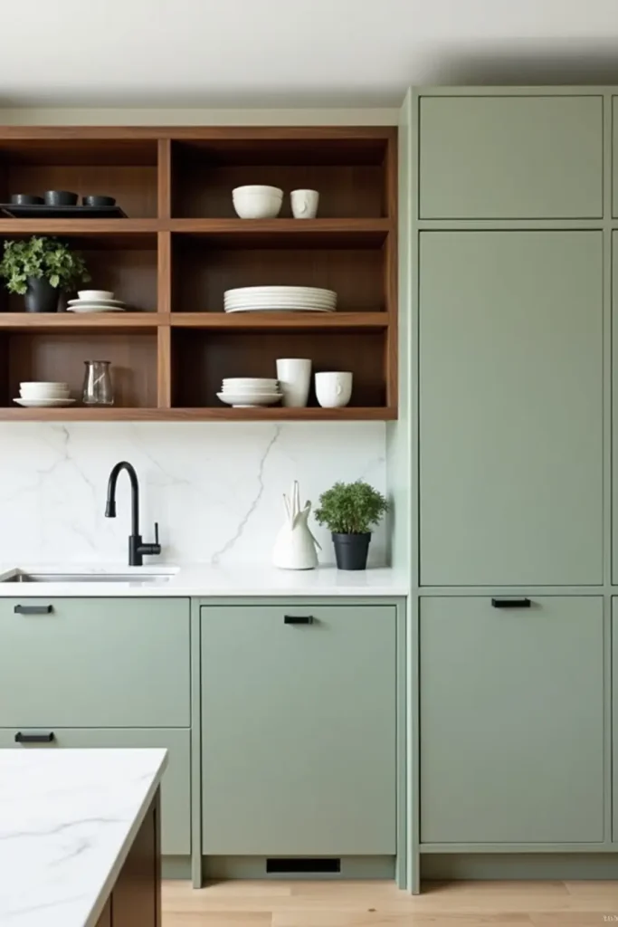 Modern kitchen with sage cabinets, walnut shelves, white quartz counters, and minimal styling.