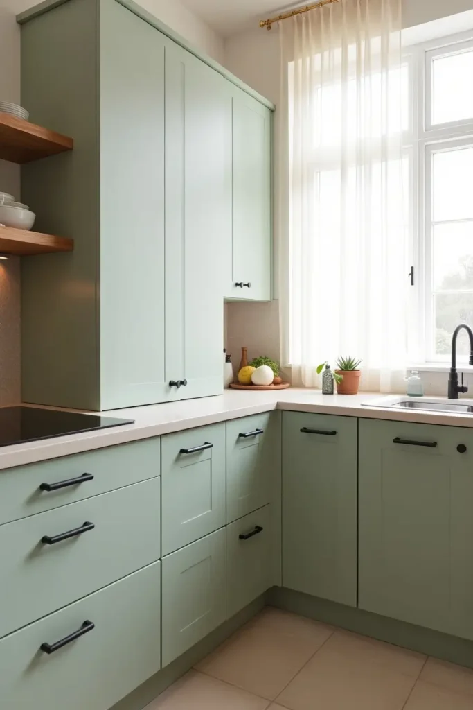 Scandinavian kitchen with sage cabinets, blonde wood accents, sheer curtains, and matte black hardware.