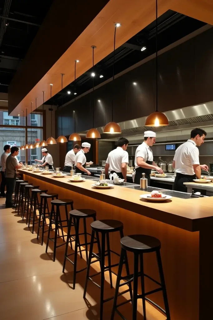 Show kitchen with raised counters, stools, and spotlighting for an engaging dining experience.
