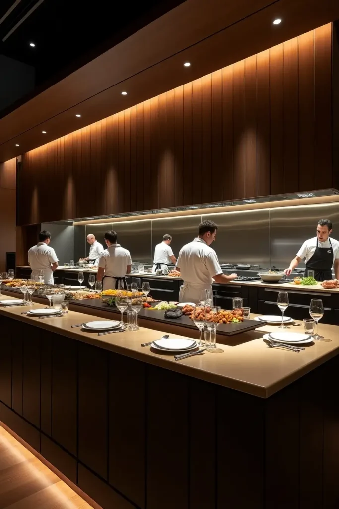 Raised show kitchen with dramatic lighting, glass accents, and stage-like dining theater design.