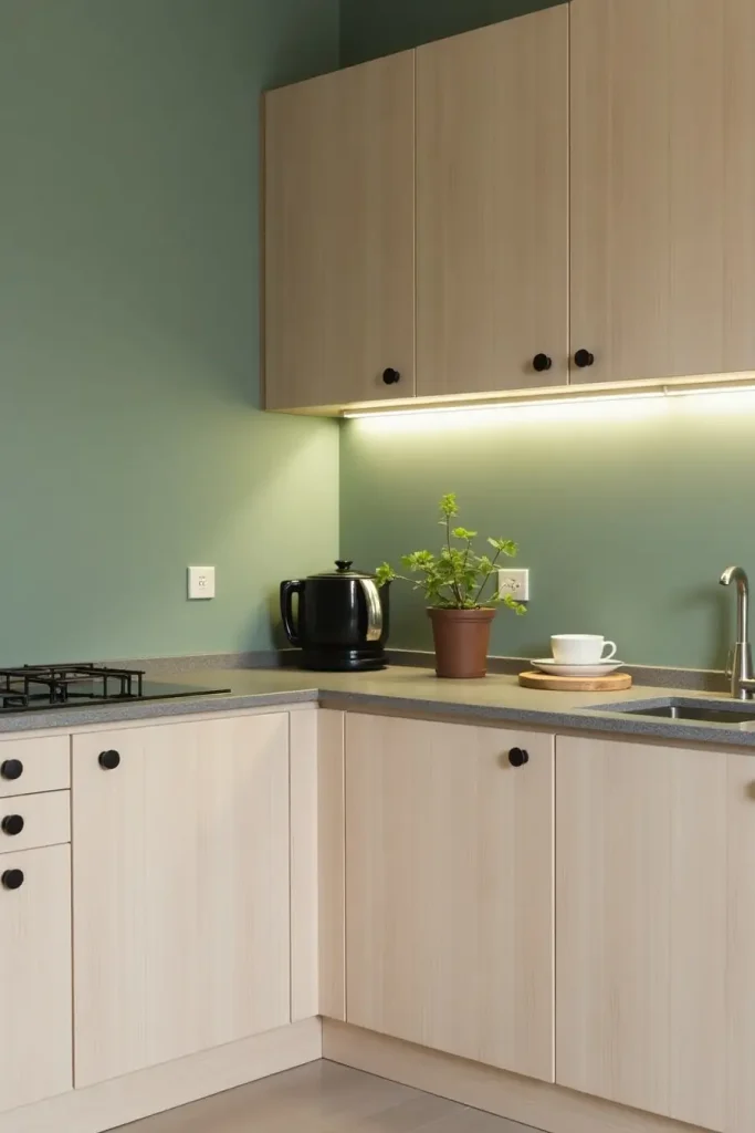 Minimalist kitchen with sage green walls, pale wood cabinets, LED lighting, and sleek hardware.
