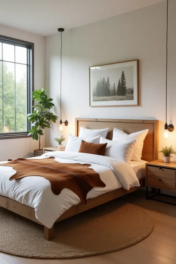 Minimalist western bedroom with cowhide rug, leather pillow, neutral bedding, and greenery outside window.