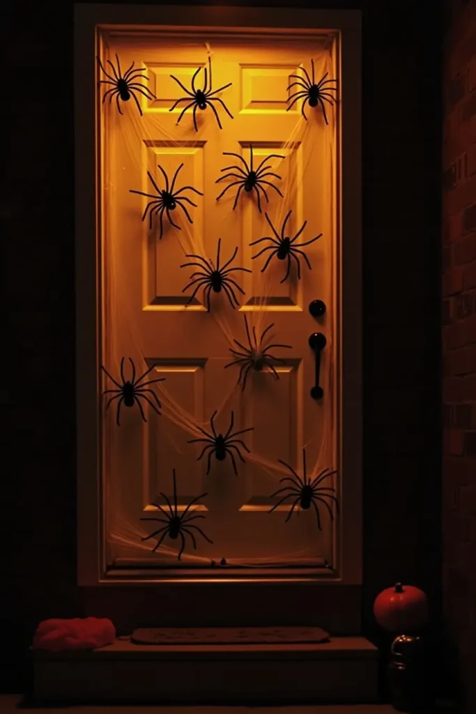 Layered spider webs with spiders and dew beads framing a haunted Halloween front door.
