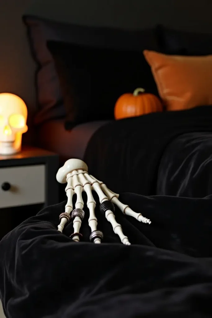 Skeleton hand jewelry holder and skull lamp styled as subtle Halloween bedroom accents.
