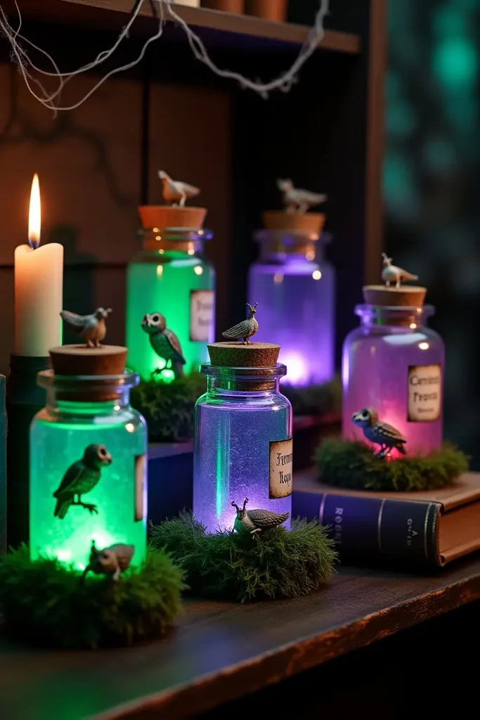 Potion jars with tiny animal skeletons, moss, and labels for a gothic witchy Halloween display.