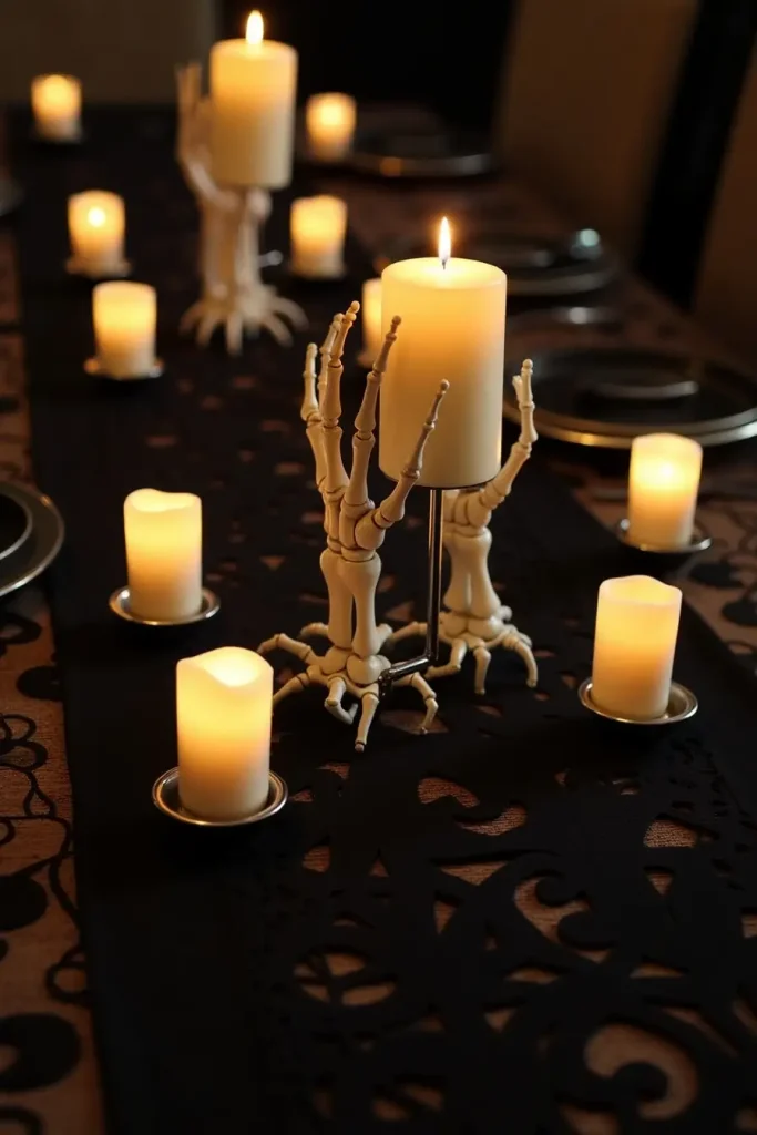 Skeleton hands holding glowing flameless candles for a creepy yet classy Halloween table centerpiece.