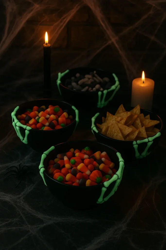 Black bowls with skeleton hands and glow paint, serving candy for a spooky Halloween party.