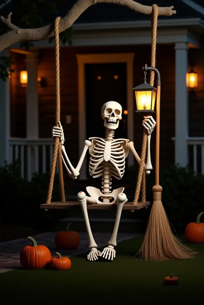 Skeleton on a swing holding a lantern, creating a spooky glowing Halloween yard display.