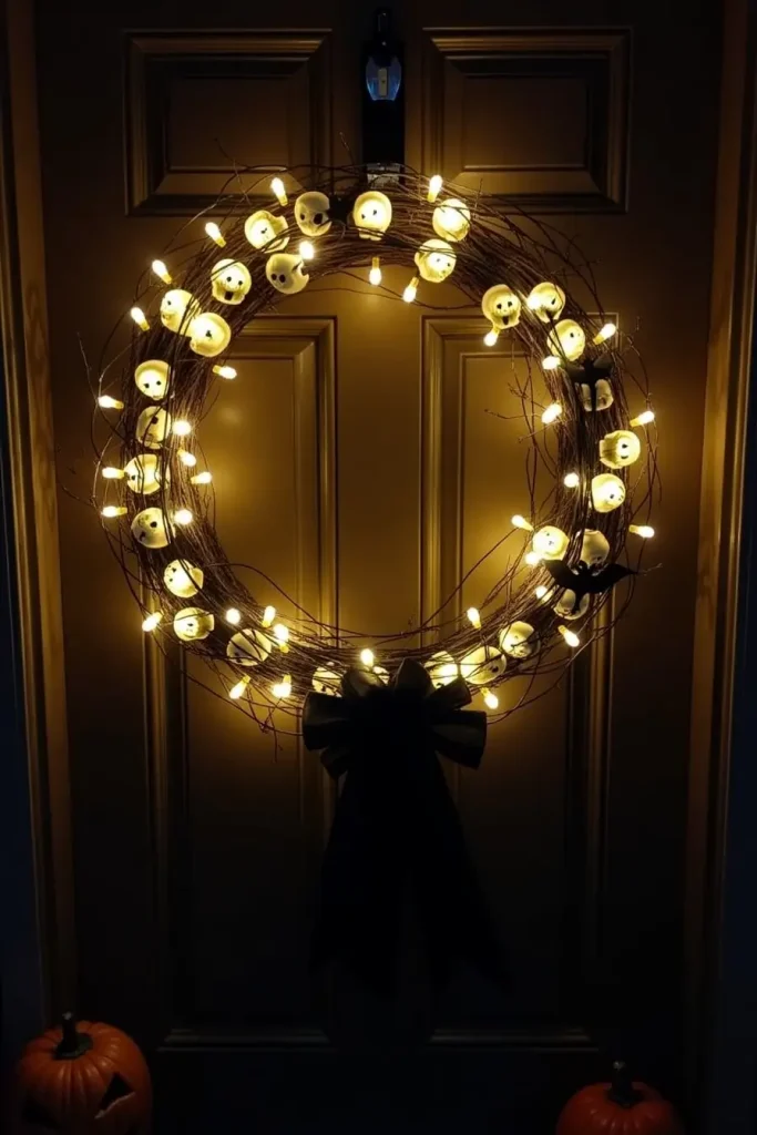Glowing grapevine wreath with skulls, bats, LED lights, and black ribbon for Halloween decor.