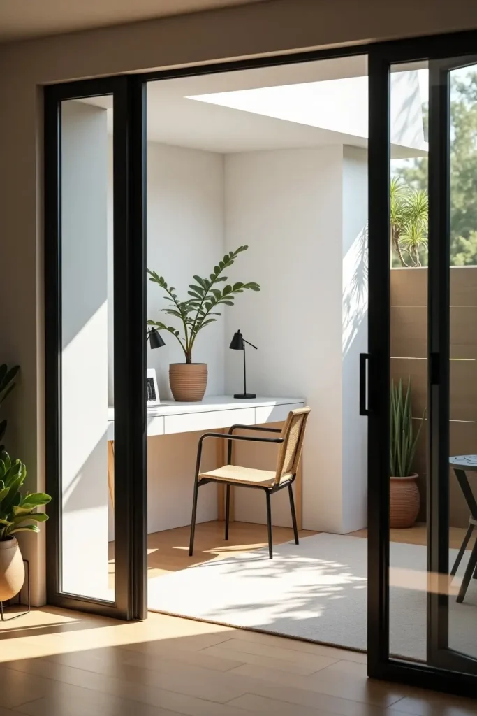 Modern shed with full glass doors, white desk, leafy plant, and rug in a bright minimalist design.