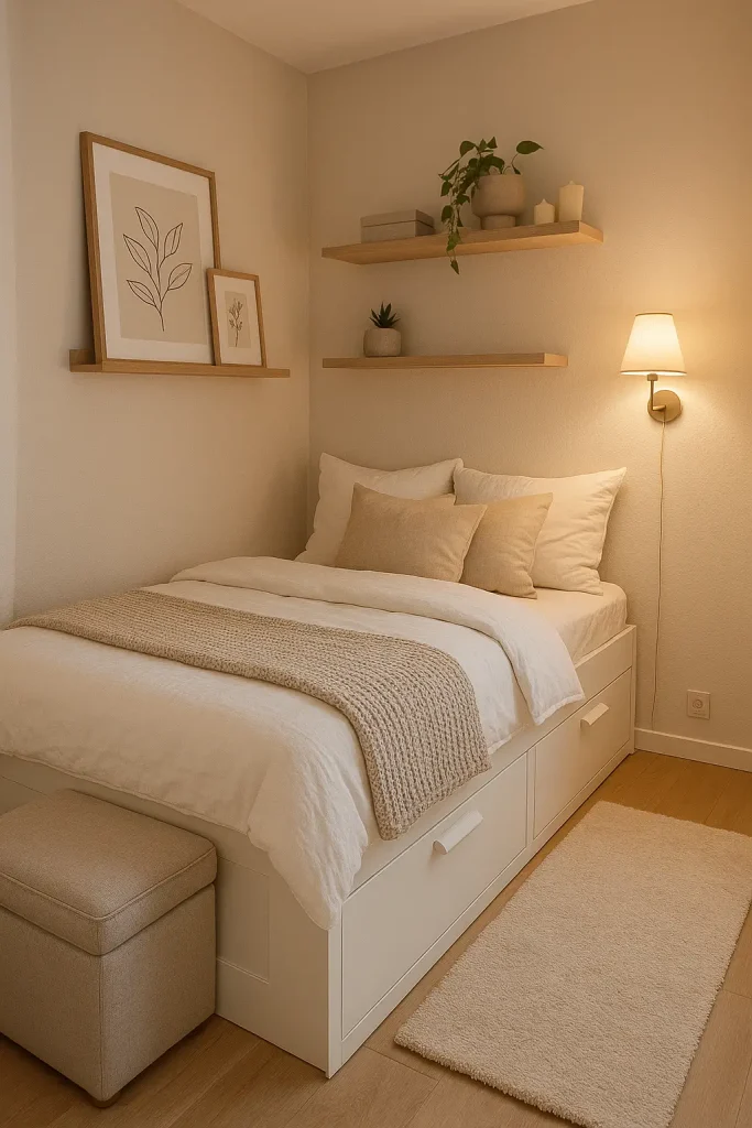 Small cozy bedroom with storage bed, floating shelves, soft rug, and warm lighting in neutral tones.