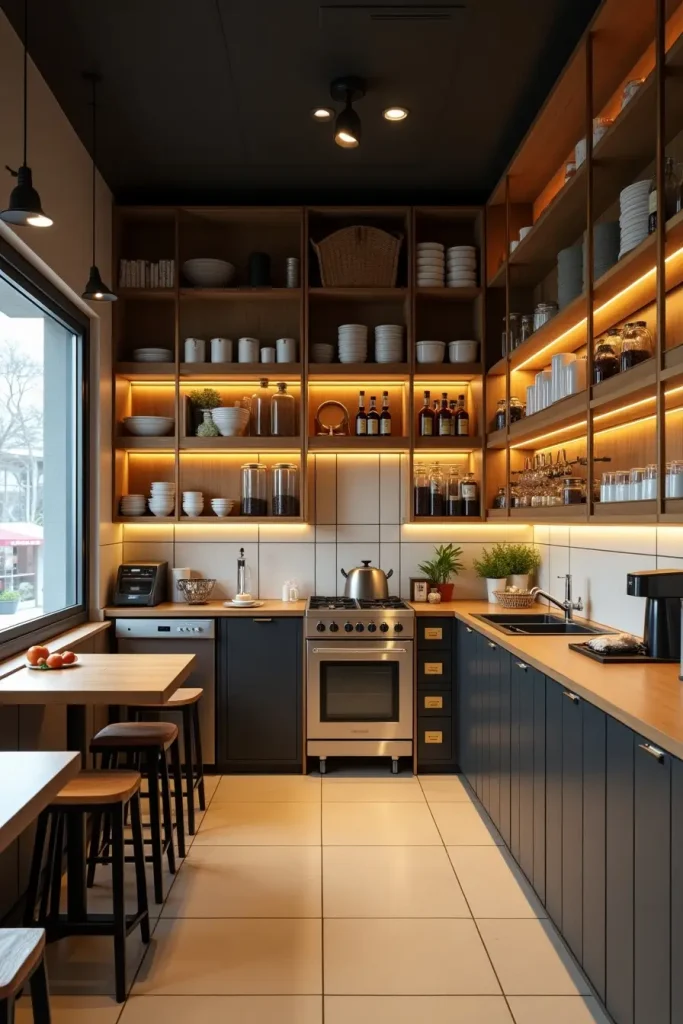 Small-space open kitchen with one-wall setup, foldable tables, and vertical shelving for efficiency.