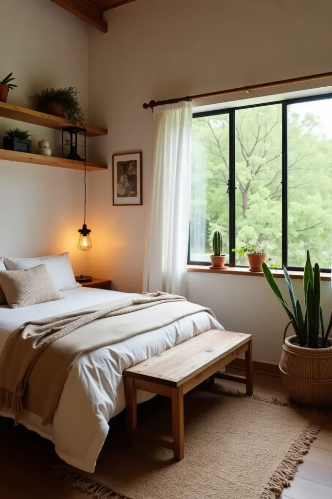 Small western bedroom with narrow bench, shelves, cactus, neutral bedding, and greenery outside window.
