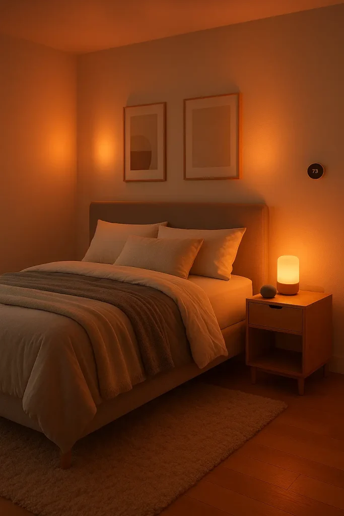 Modern cozy bedroom with smart lighting, soft bedding, tech decor, and warm ambient comfort.
