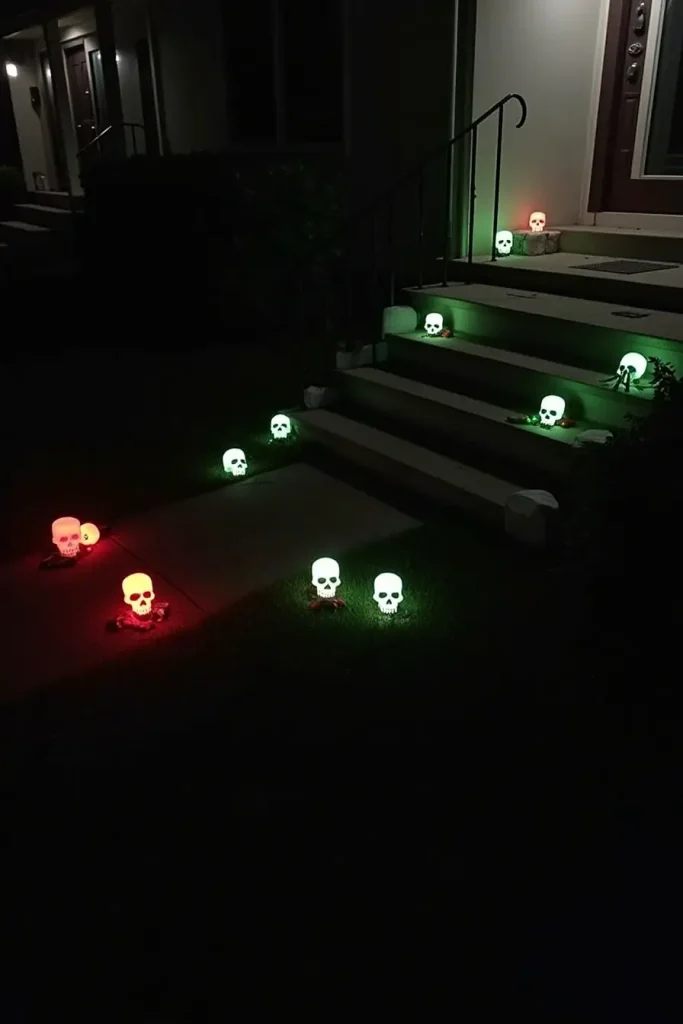Motion-activated glowing skulls and hands hidden by steps create sneaky Halloween jump scares.