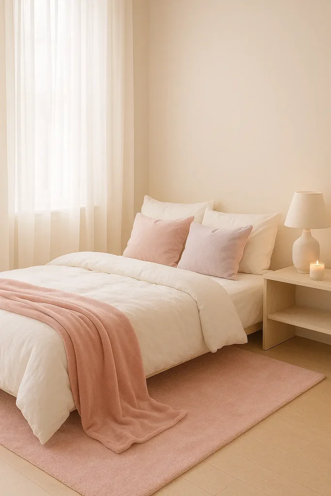 Soft aesthetic bedroom with pastel bedding, sheer curtains, and cozy textures for calming vibes.