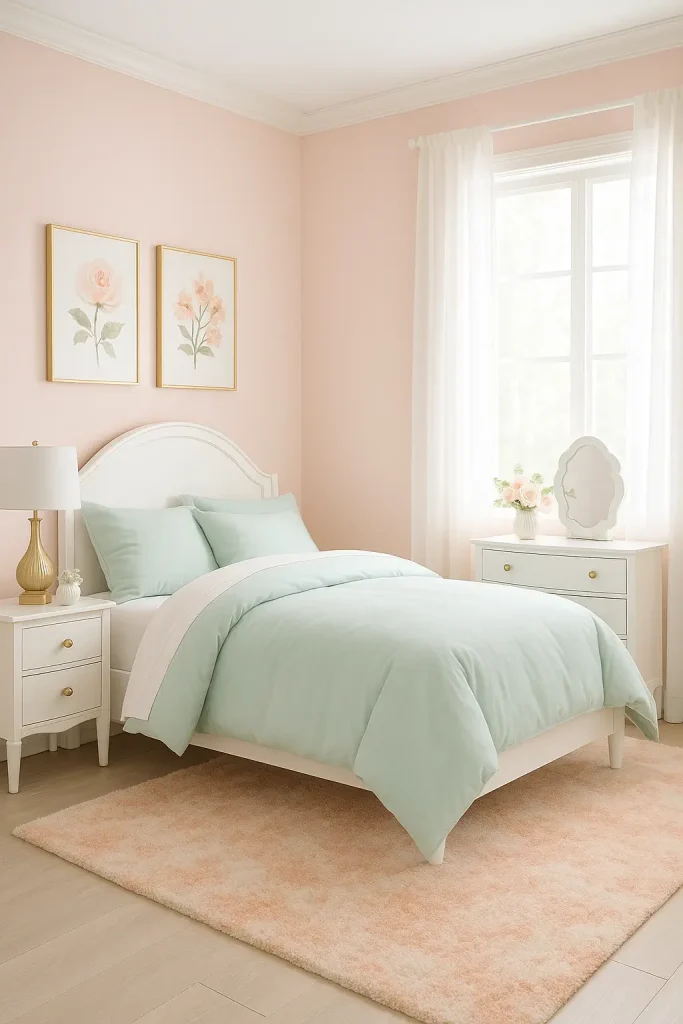 Soft pastel bedroom with blush walls, white furniture, gold accents, and mint green bedding.