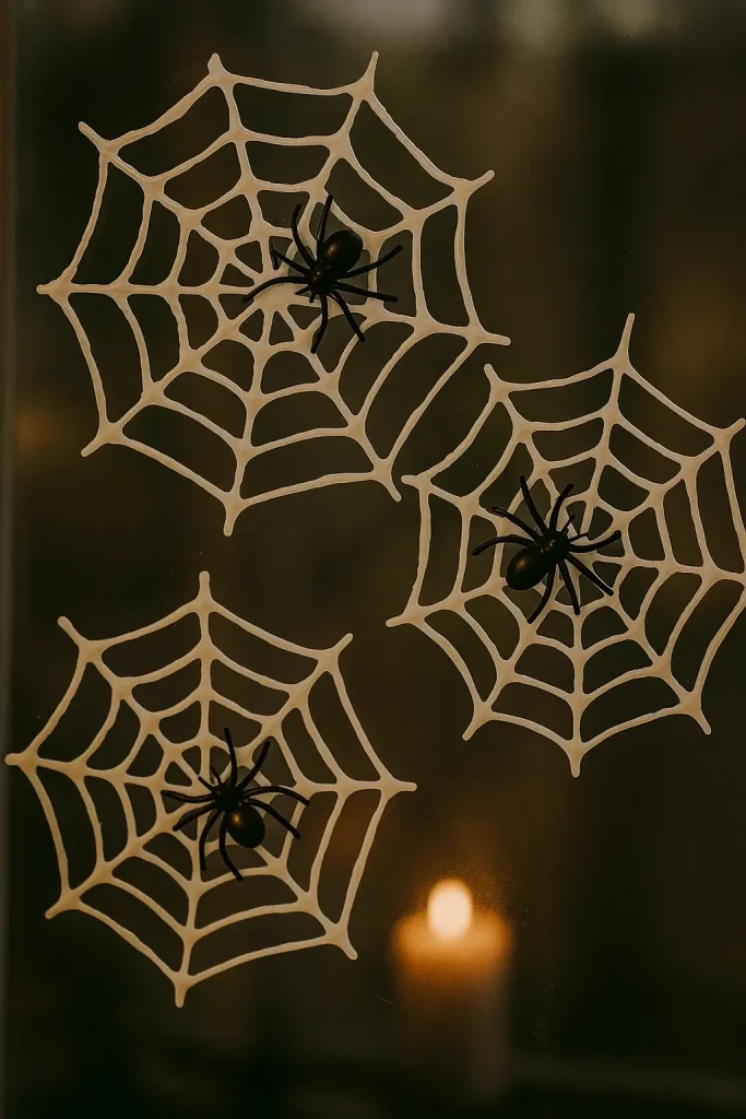DIY spider web window clings with plastic spiders catching evening light for a spooky effect.