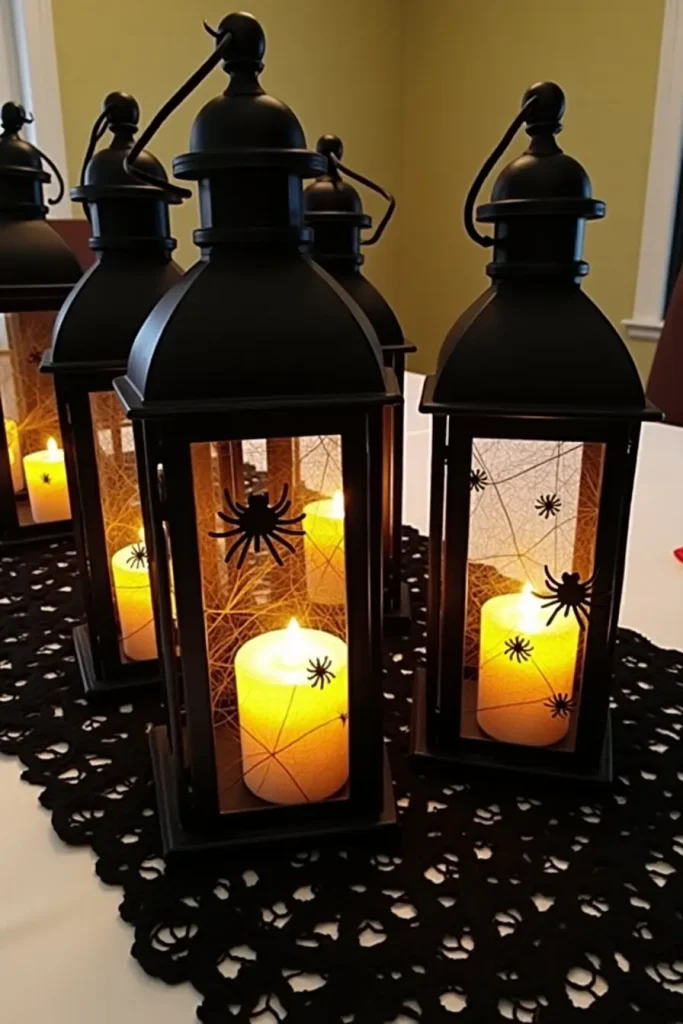 Lanterns wrapped in spider webs with glowing LEDs and spiders, perfect spooky Halloween centerpiece.