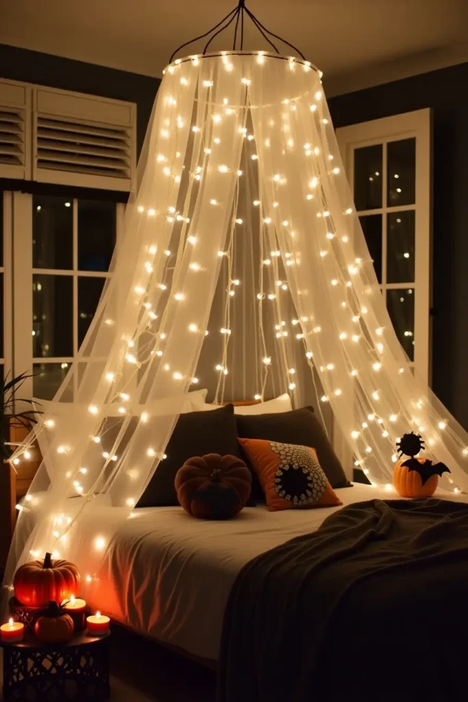 Halloween bed with tulle spiderweb canopy and LED lights for a dreamy, spooky vibe.