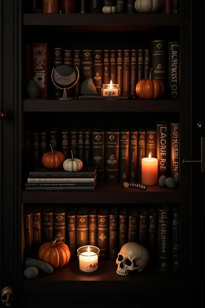 Bookshelf with horror novels, tiny pumpkins, and spooky trinkets styled as a haunted library.