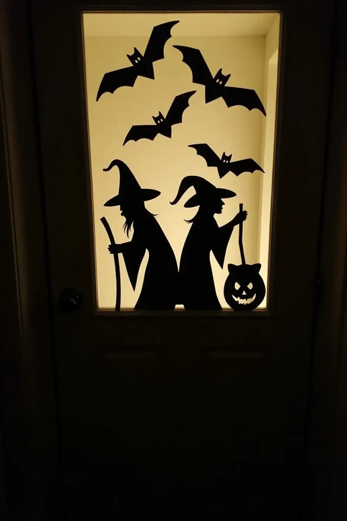 Black witch and bat silhouettes on a front door glow under porch light for spooky Halloween decor.