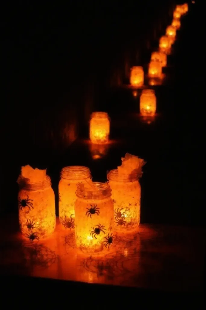 Glowing mason jar lanterns with orange tissue, spiders, and LEDs for spooky Halloween lighting.