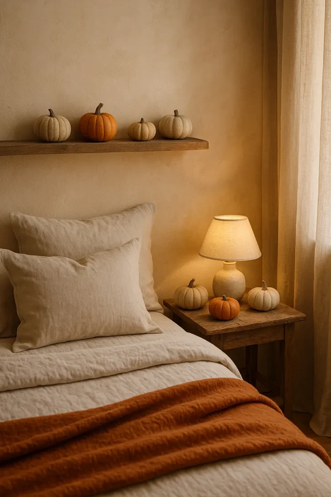 Wabi Sabi fall bedroom with mini pumpkins on nightstand, linen bedding, and warm seasonal tones.