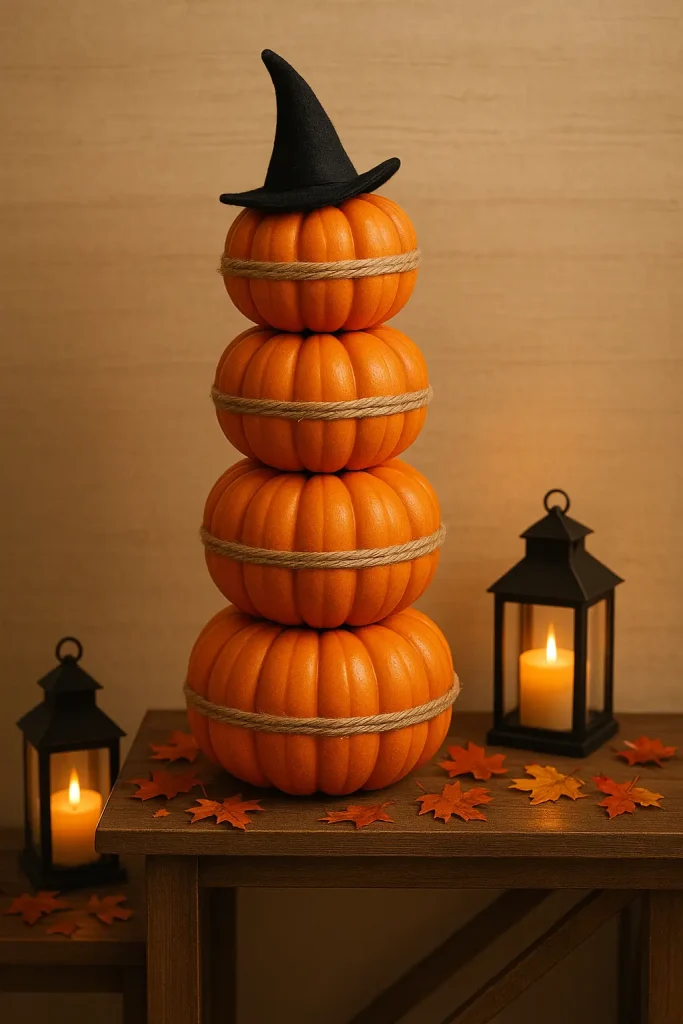 Stacked foam pumpkin tower wrapped with twine, topped with a witch hat for rustic Halloween charm.