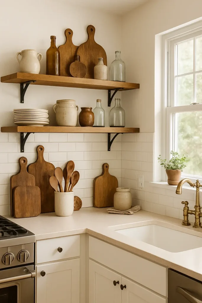 Cozy kitchen shelves styled with thrifted cutting boards, ceramic jars, and mixed wood and metal accents.