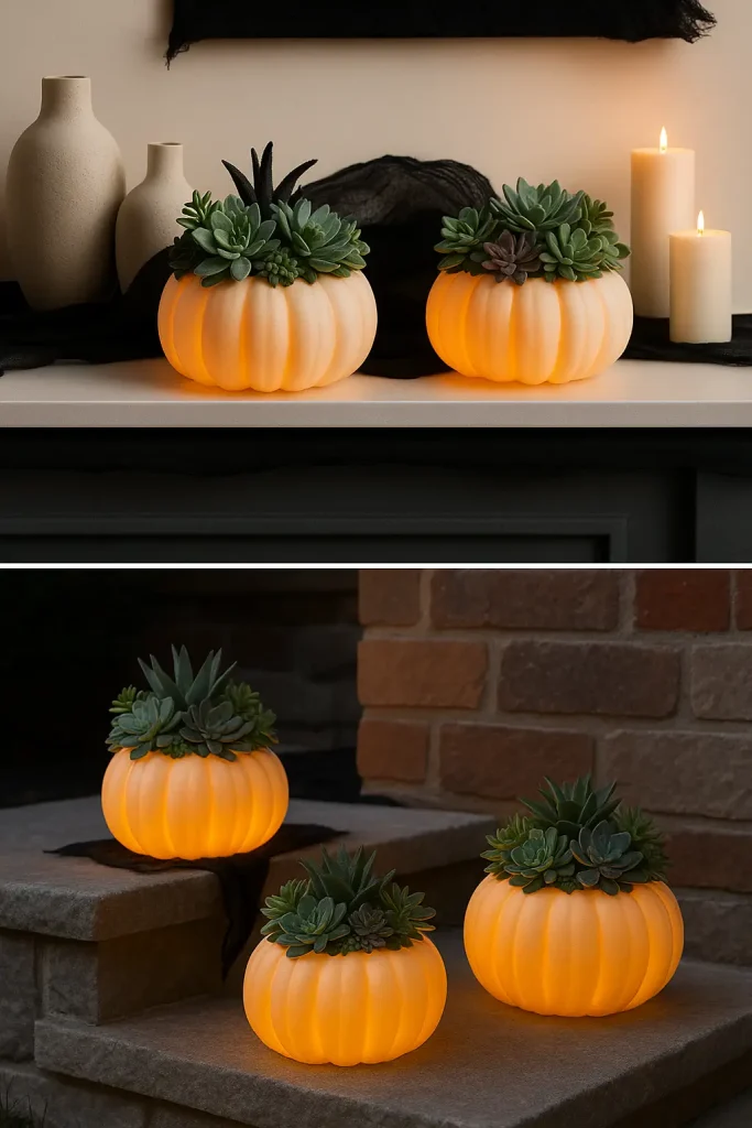 Foam pumpkins filled with succulents and glowing LEDs for modern chic Halloween decor.