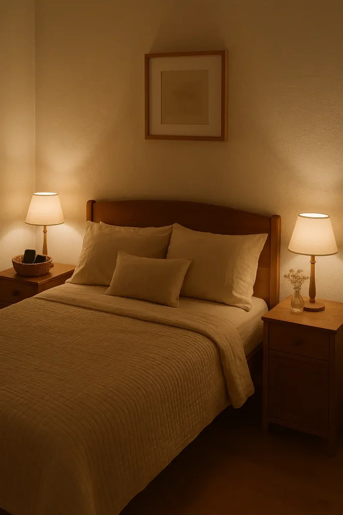 Cozy romantic bedroom with hidden chargers and a basket for phones, creating a calm, tech-free space.