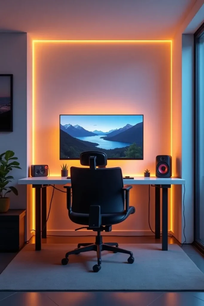 Modern studio with sleek desk, big monitor, smart lighting, charging station, and organized cables.