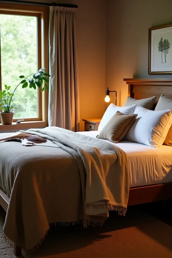 Western bedroom with burlap curtains, wool throw, cowhide pillow, neutral bedding, and greenery outside.