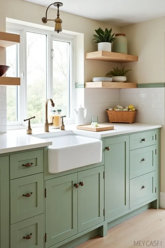 Sage green cabinets with oak shelves and brass hardware create a timeless, fresh, and balanced kitchen.