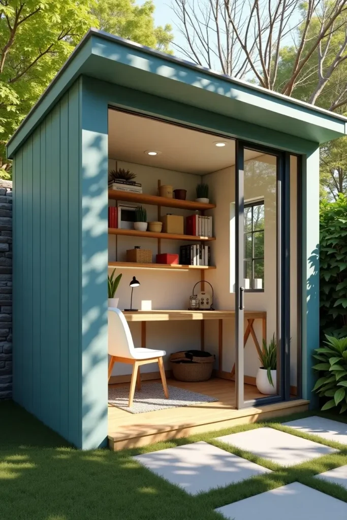 Small teal backyard studio with foldable desk, shelves, and loft storage, bright and cozy space.