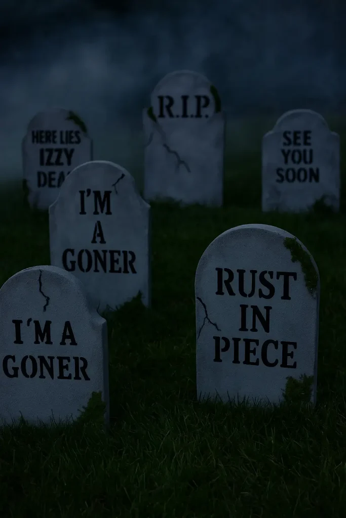 DIY foam tombstone markers with spooky epitaphs staked in yard for Halloween graveyard decor.